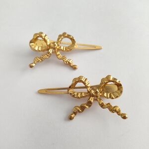 Vintage Gold Bow Barrettes Clips Ribbon Set of 2